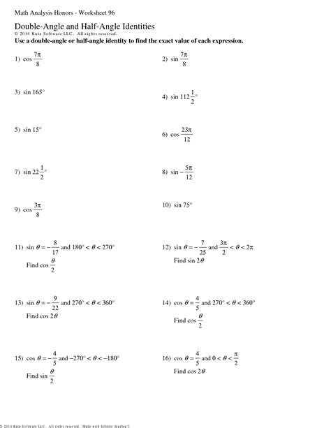 double angle and half angle identities worksheets